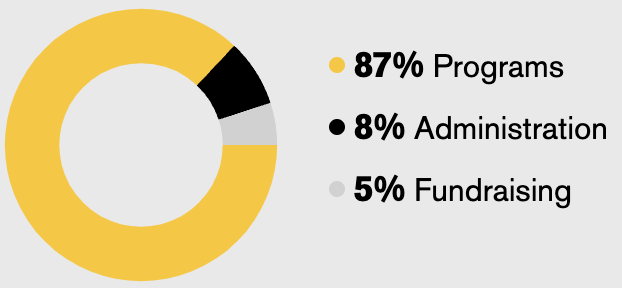 87% to programs, 8% to administration, 5% to fundraising.